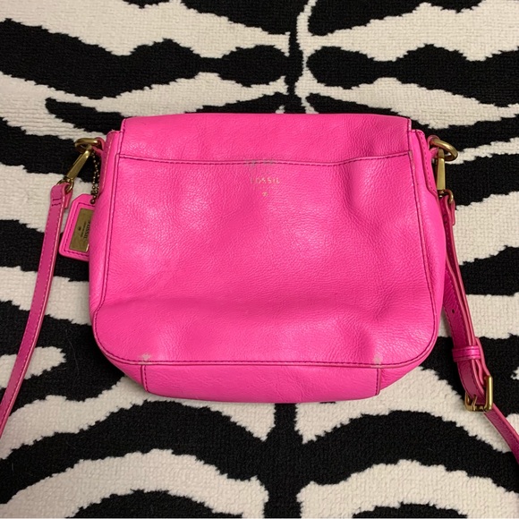 Fossil Crossbody Bag Neon Pink Leather Turn Lock - Picture 3 of 14